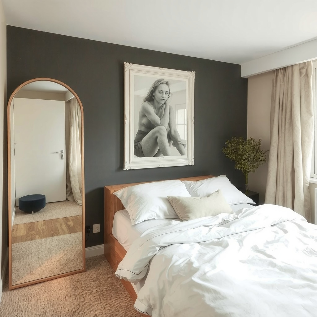 A small bedroom with a mirror and a minimalist bed