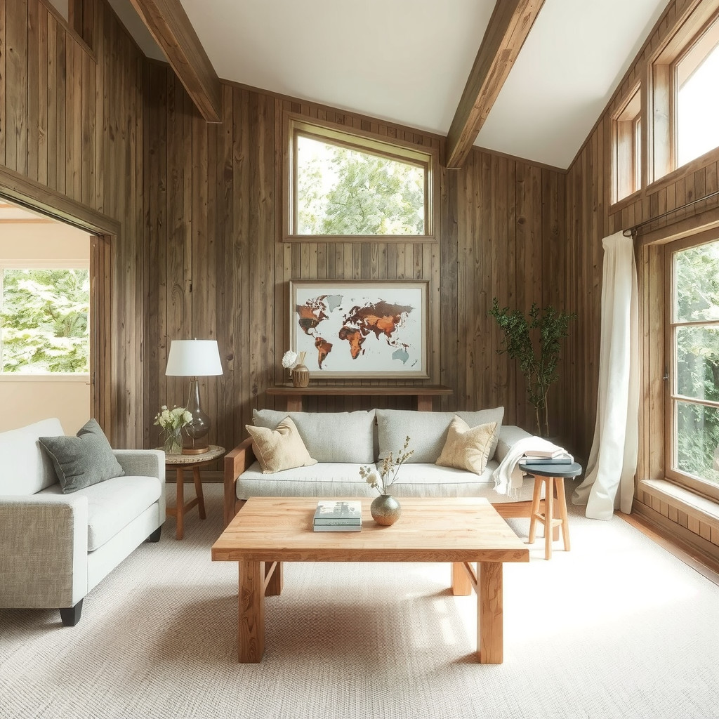 A living room with a linen sofa and a wooden coffee table
