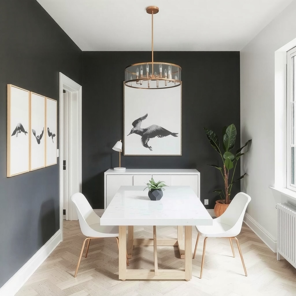 A small dining area with a statement light fixture