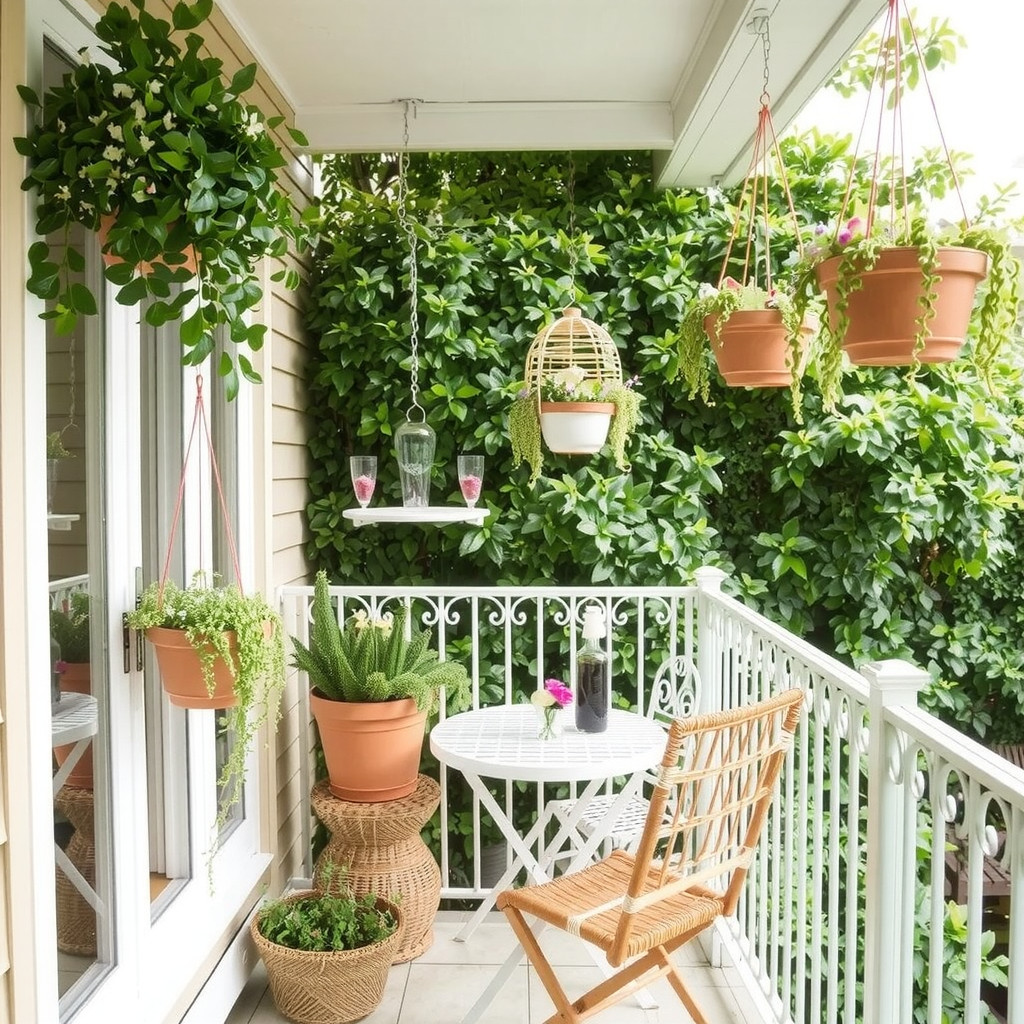 A small balcony with hanging planters