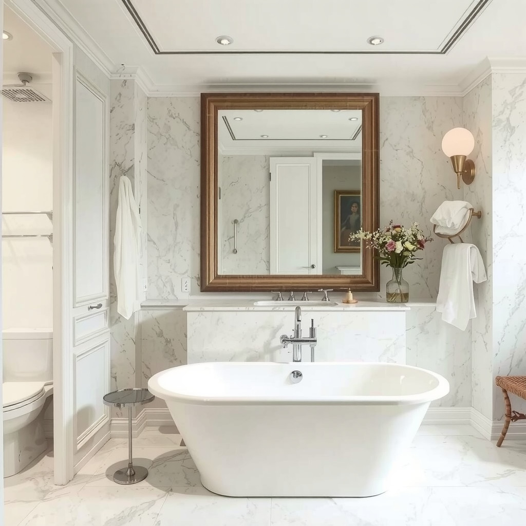 Bathroom with a freestanding tub and marble walls