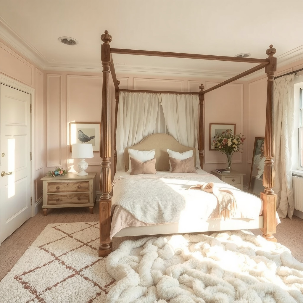Bedroom with a four-poster bed and soft, pastel colors