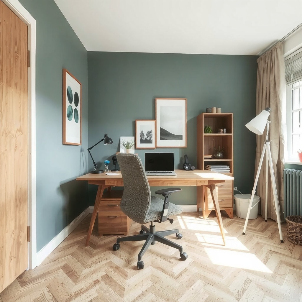 Home office with a wooden desk and ergonomic chair