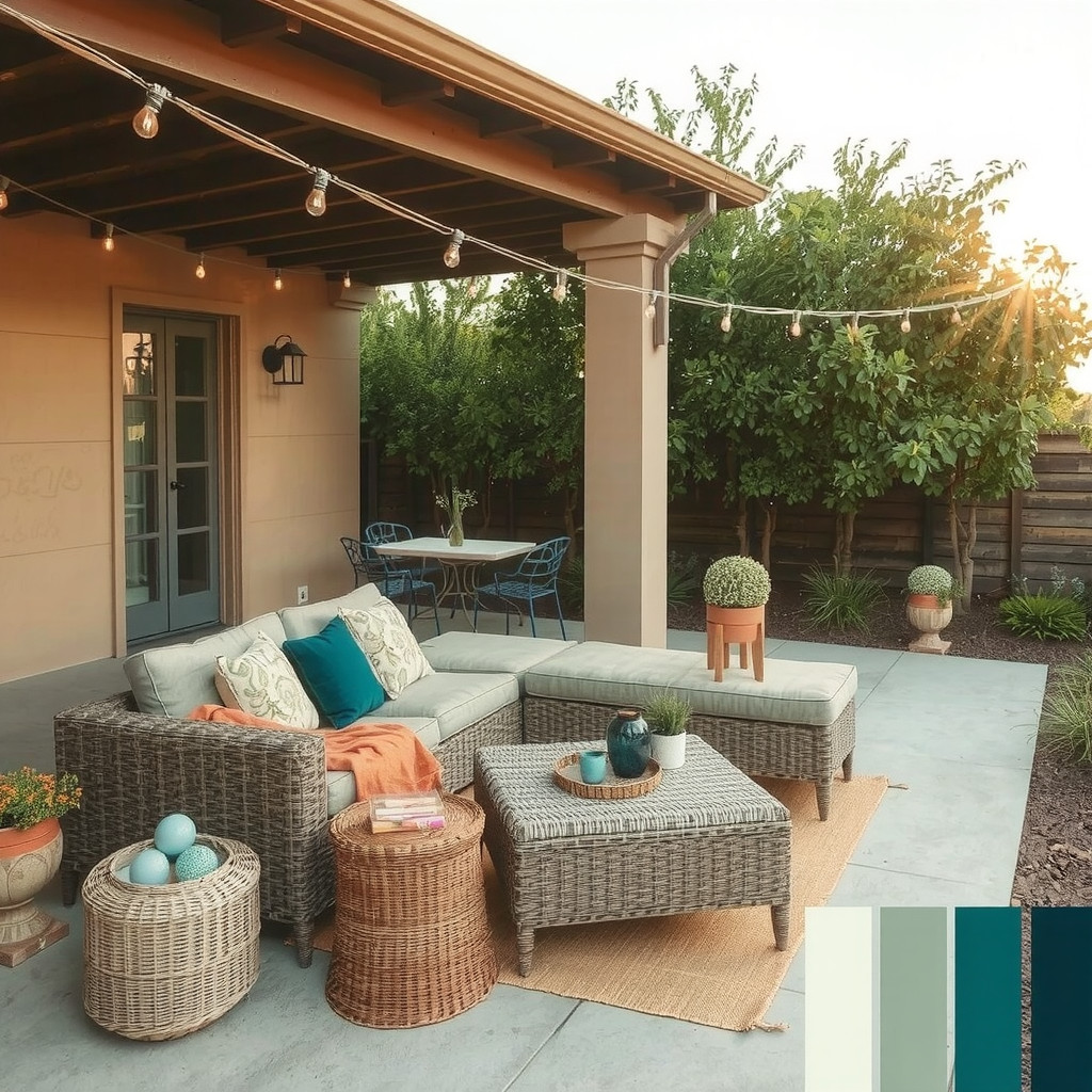 Outdoor patio with a sectional sofa and string lights