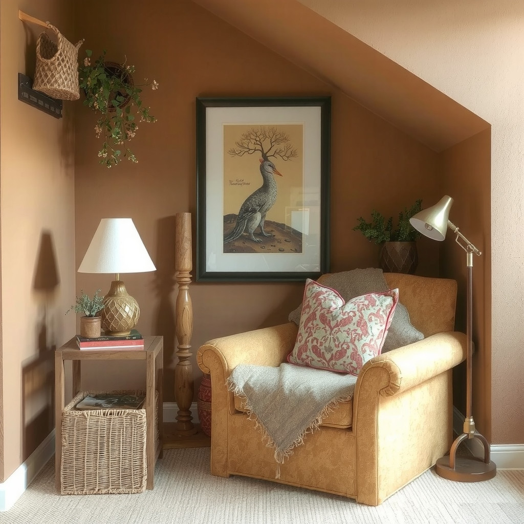A cozy reading nook with a comfortable chair, a floor lamp, and a side table