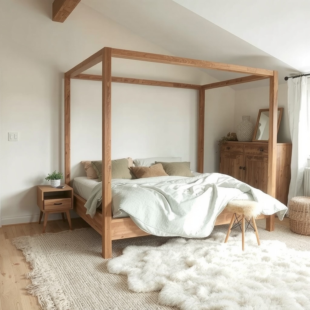 A bedroom with a wooden bed frame, linen bedding, and a plush area rug