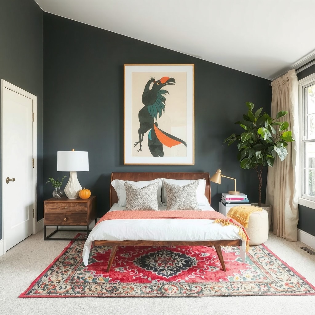 A bedroom with a statement piece of artwork above the bed and a colorful rug