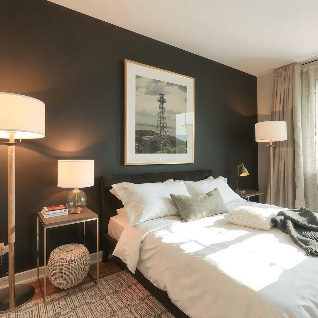 A bedroom with table lamps and a floor lamp, creating warm pools of light