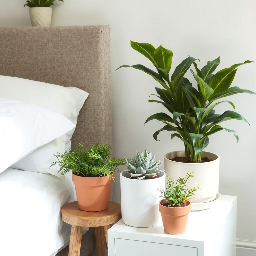 A bedroom with a few potted plants on a bedside table