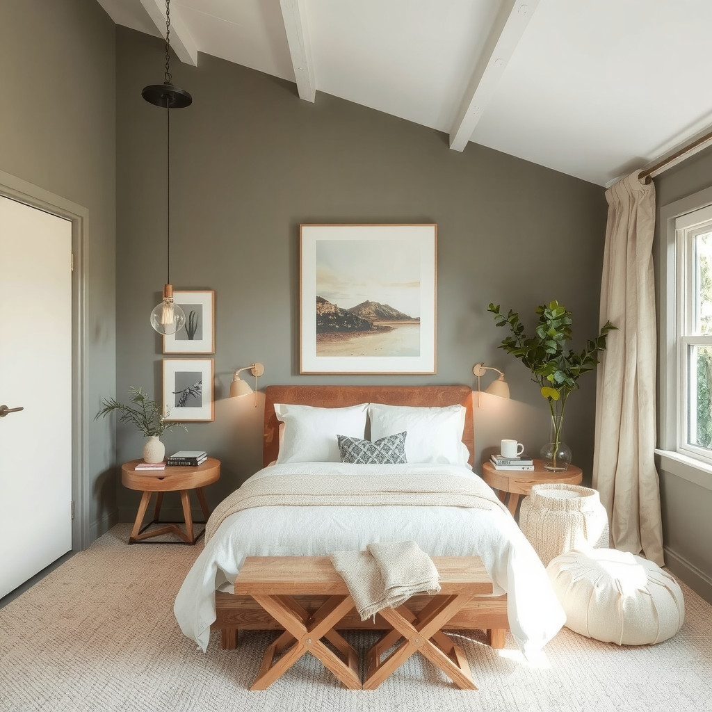 A bedroom with a peaceful ambiance, incorporating all of the above elements