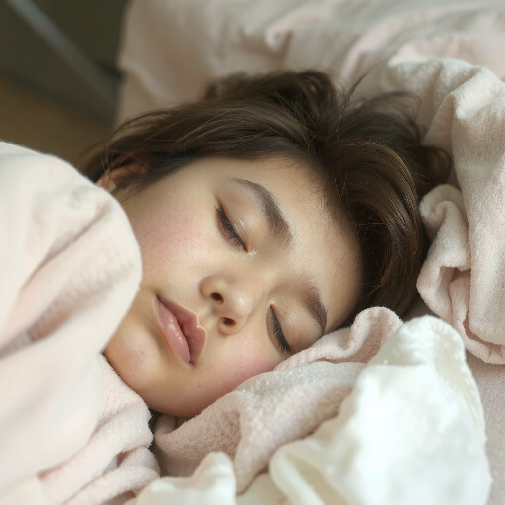 A close-up of a person sleeping peacefully in a serene bedroom