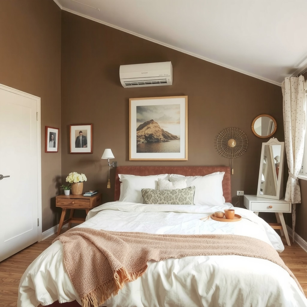 A bedroom with a cozy atmosphere, featuring a comfortable bed and a few decorative pieces