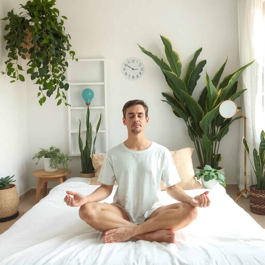 A person meditating in a peaceful bedroom, surrounded by plants and natural light
