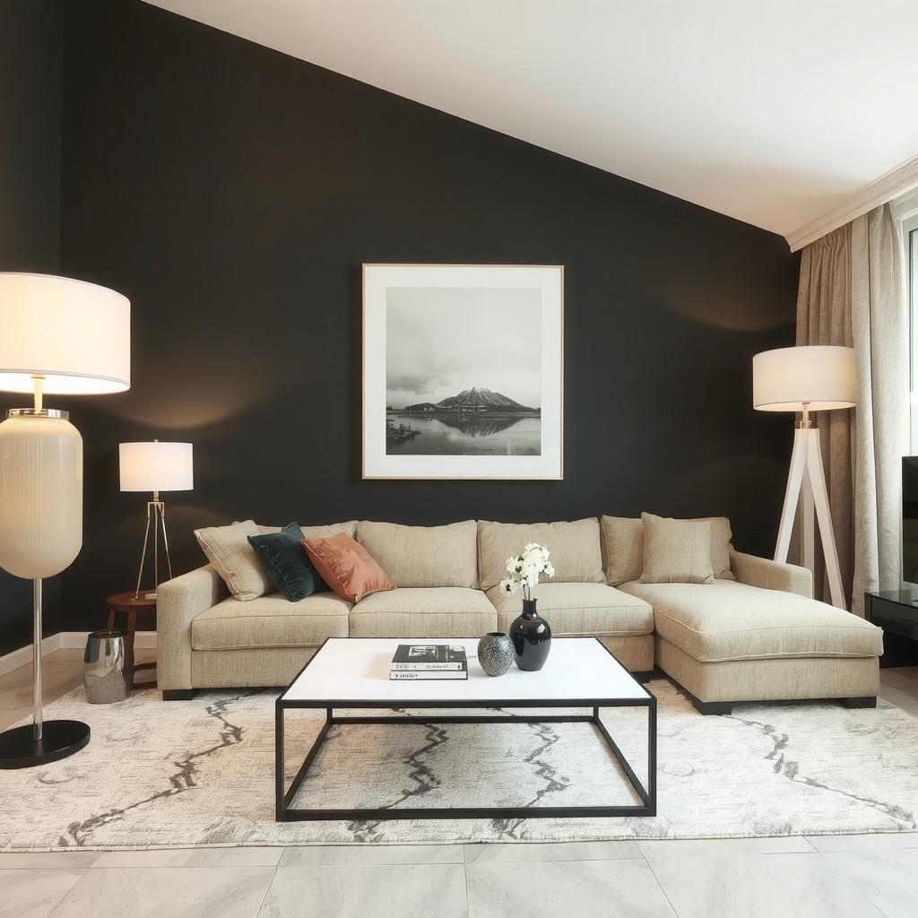 A living room with a sectional sofa and a coffee table