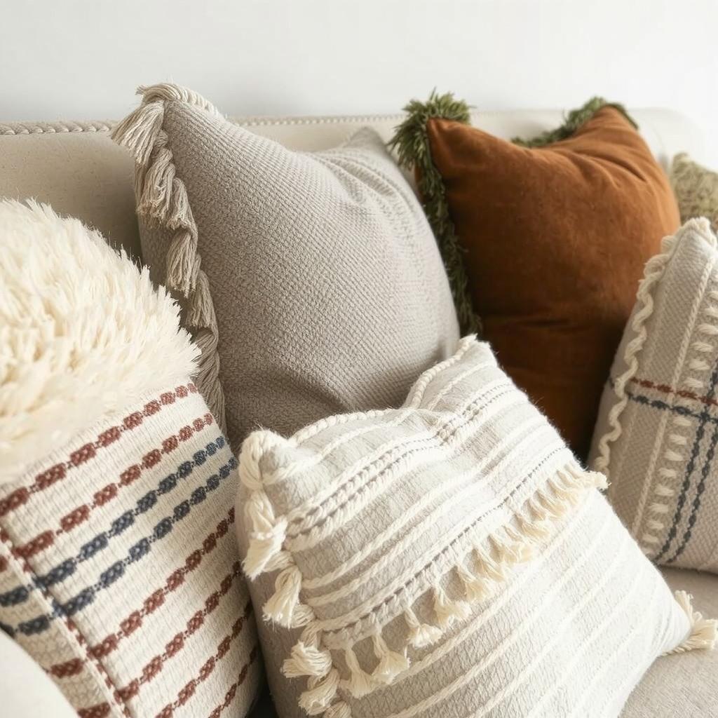 A close-up of a plush sofa with throw pillows