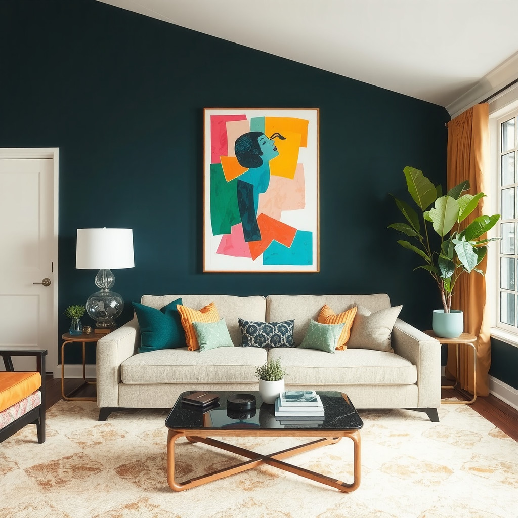 A living room with a statement piece of art above the sofa