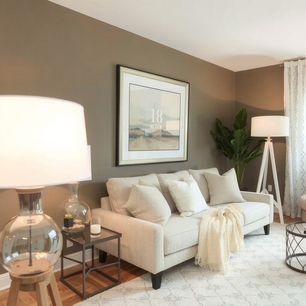 A living room with table lamps and a floor lamp