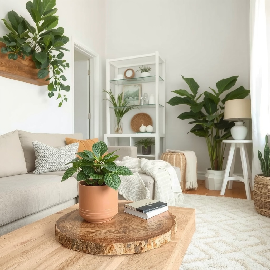 A living room with a potted plant on the coffee table
