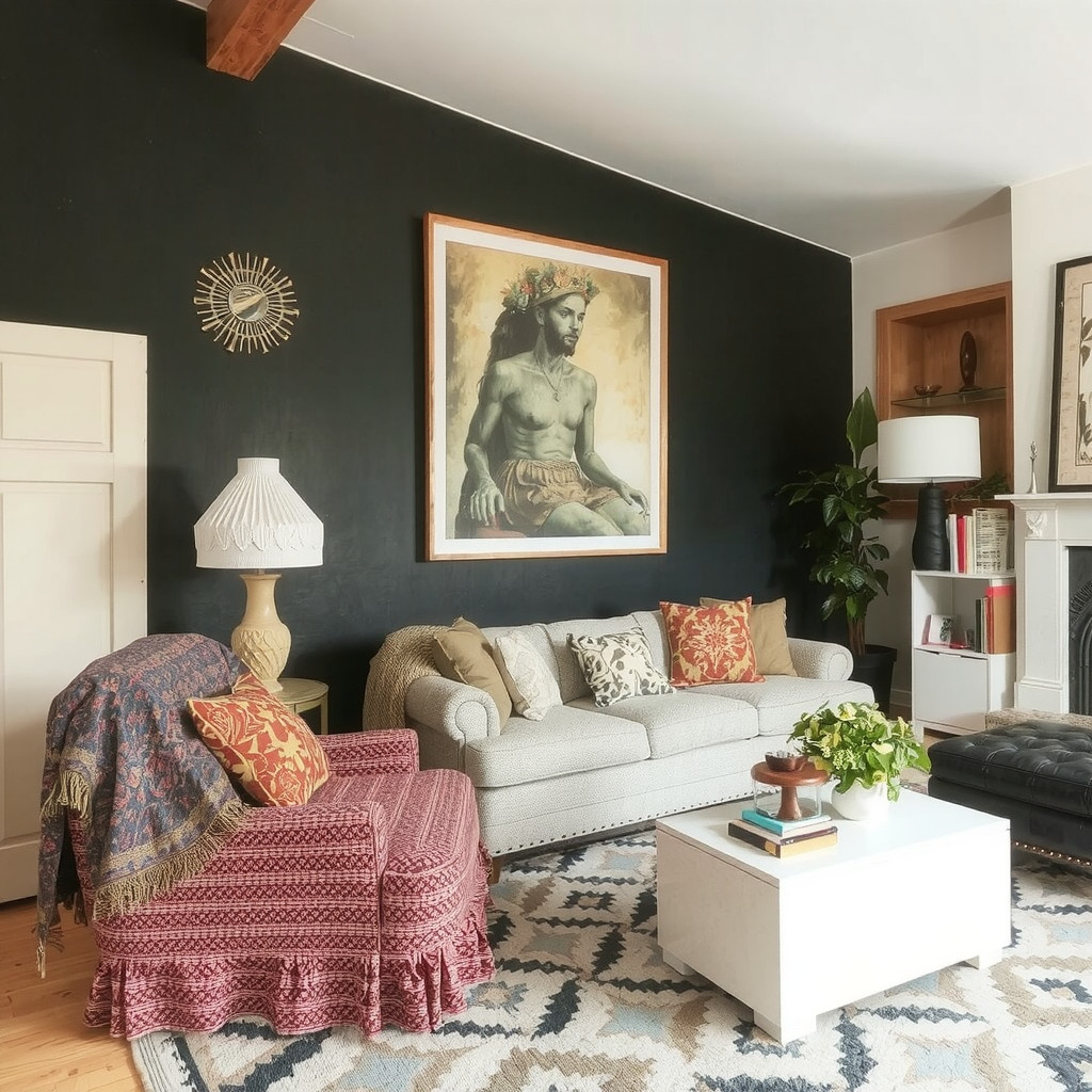 A living room with a mix of styles and textures