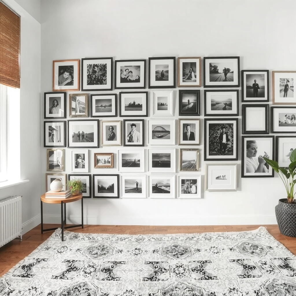 A living room with a gallery wall