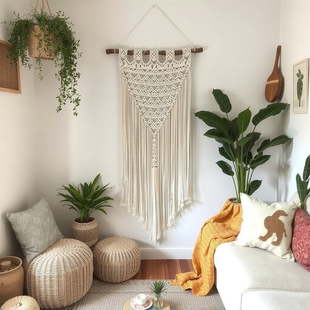 A living room with a macrame wall hanging