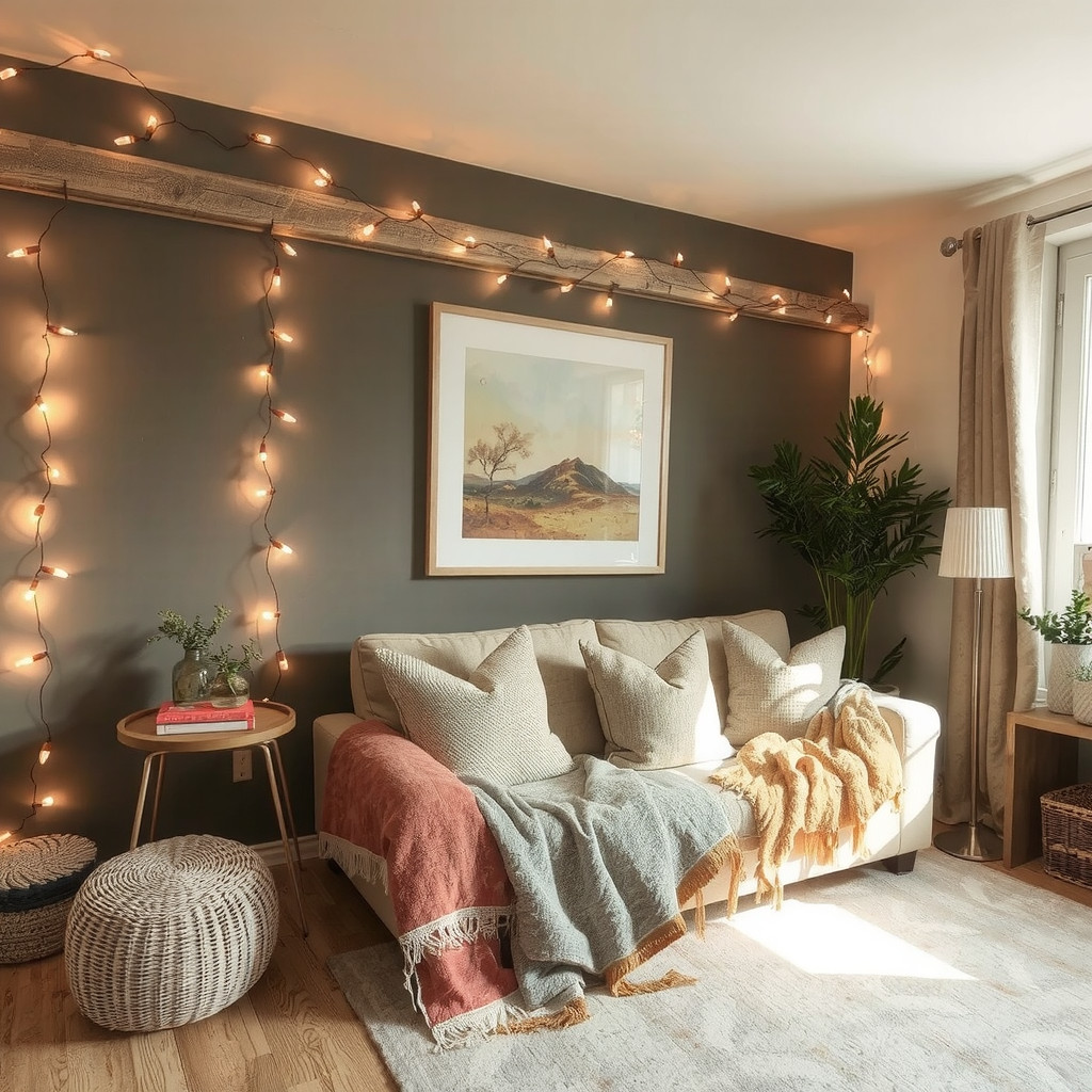 A living room with string lights
