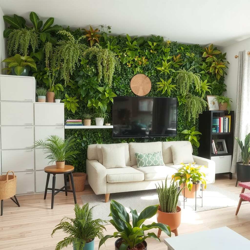 A living room with a living wall