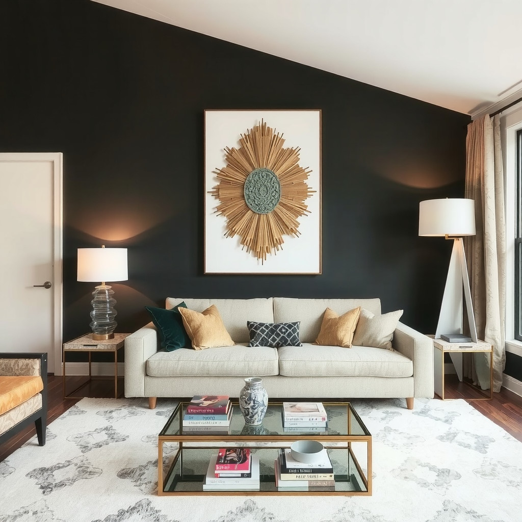 A living room with a unique wall decor piece