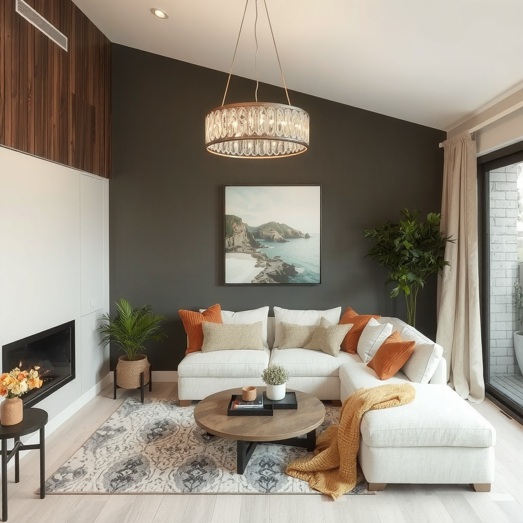 A living room with a statement light fixture