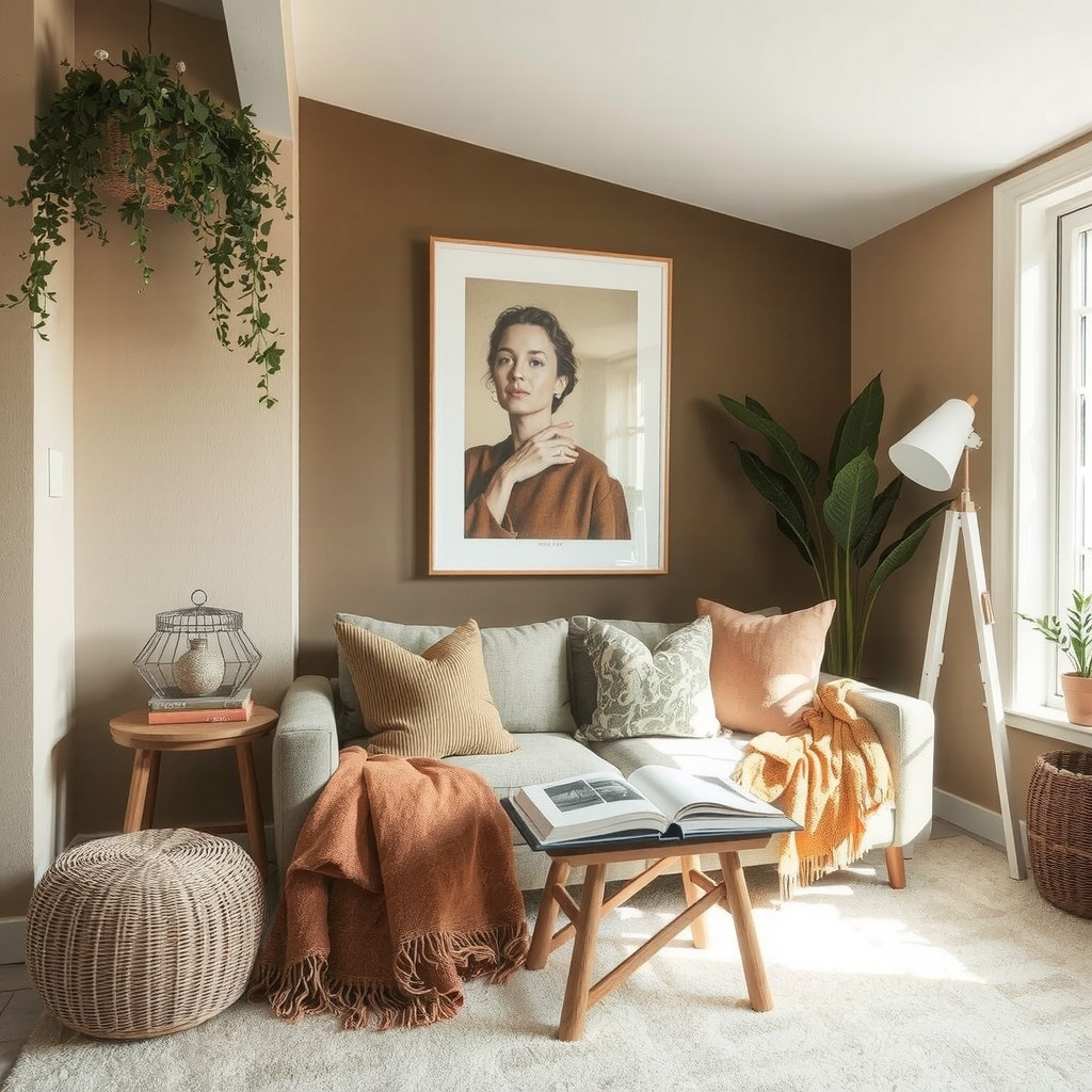 A living room with a cozy reading nook