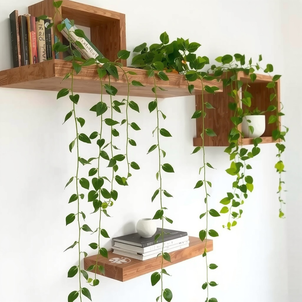 Wooden floating shelves mounted on a white wall, adorned with trailing pothos vines cascading down towards a stack of art books and minimal ceramic decor.