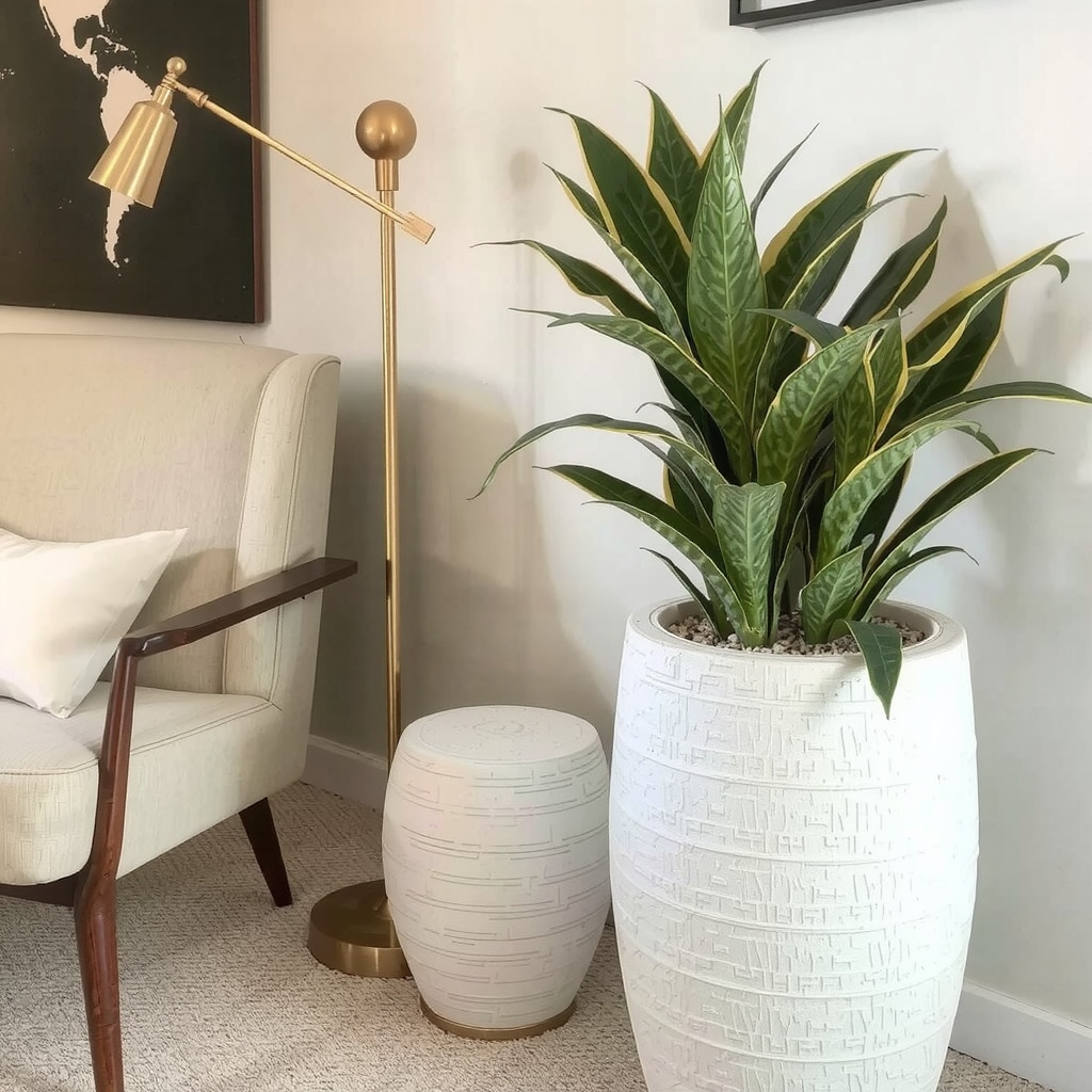 A cozy reading corner featuring a tall snake plant in a textured white planter standing next to a mid-century modern armchair and a brass floor lamp.