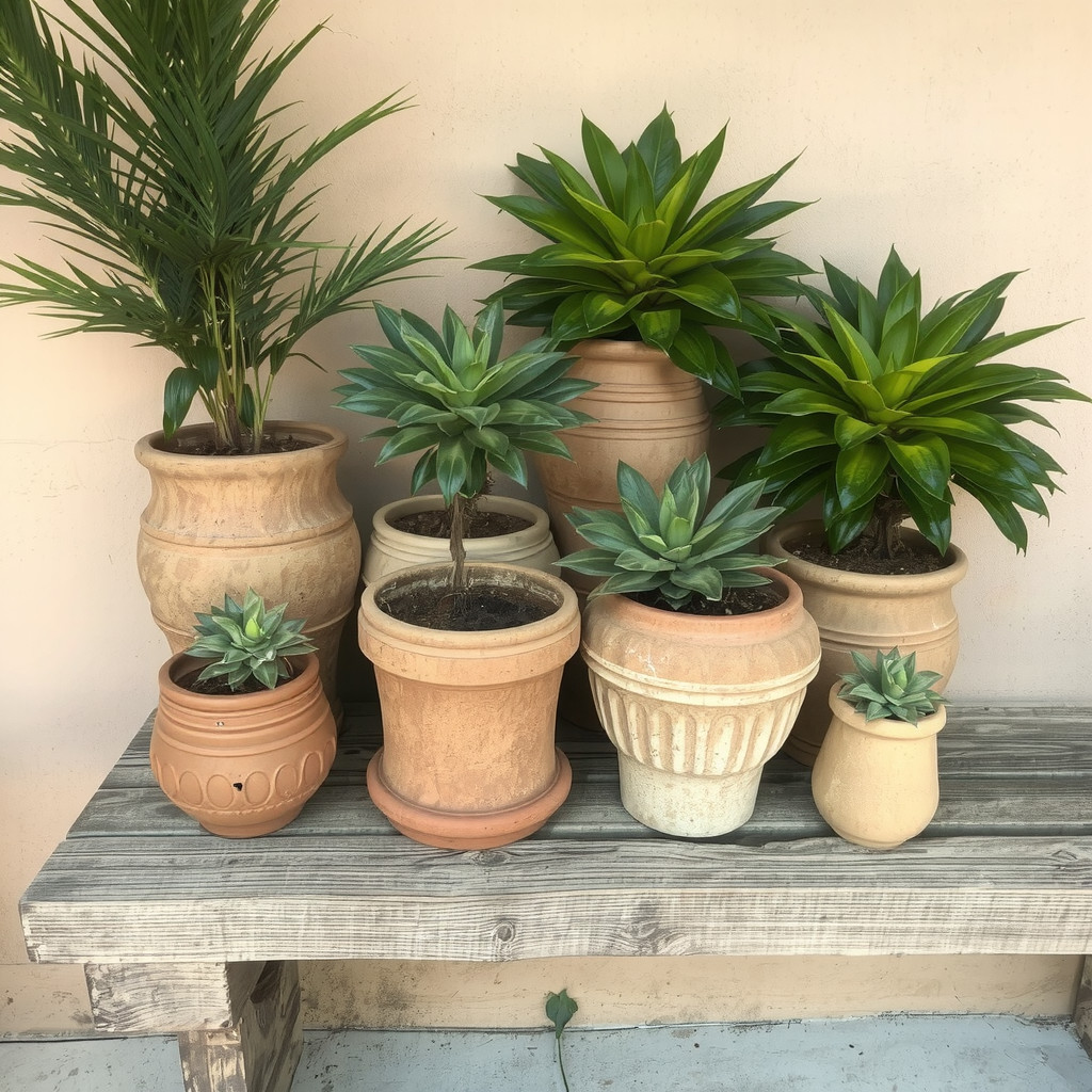 A collection of weathered terracotta pots on a rustic wooden bench, hosting various textures of green foliage against a soft beige plaster wall.