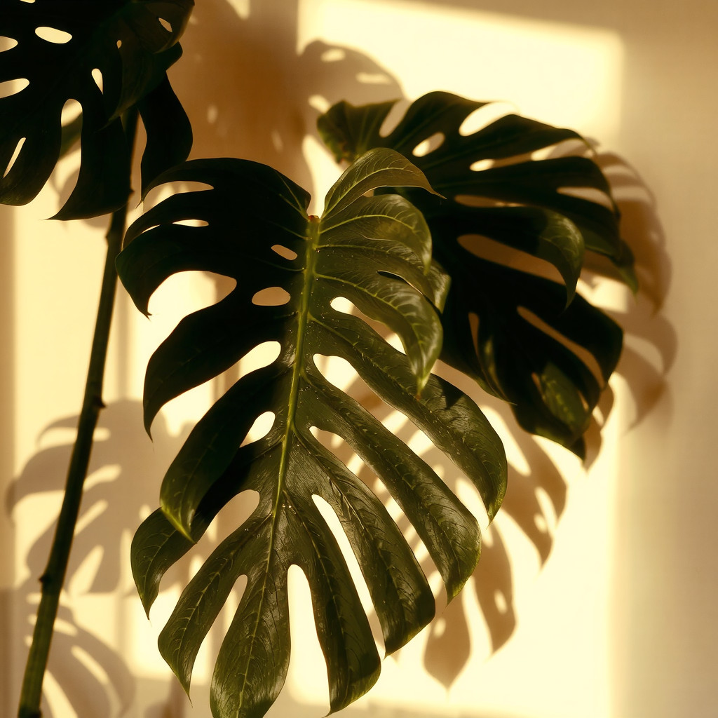 Golden hour sunlight filtering through the broad leaves of a monstera plant, casting intricate, dramatic shadows on a warm-toned minimalist wall.