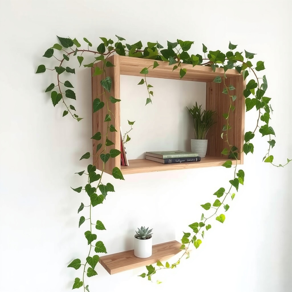 Floating wooden shelves on a white wall adorned with trailing pothos plants and small succulents, creating a vertical garden effect.