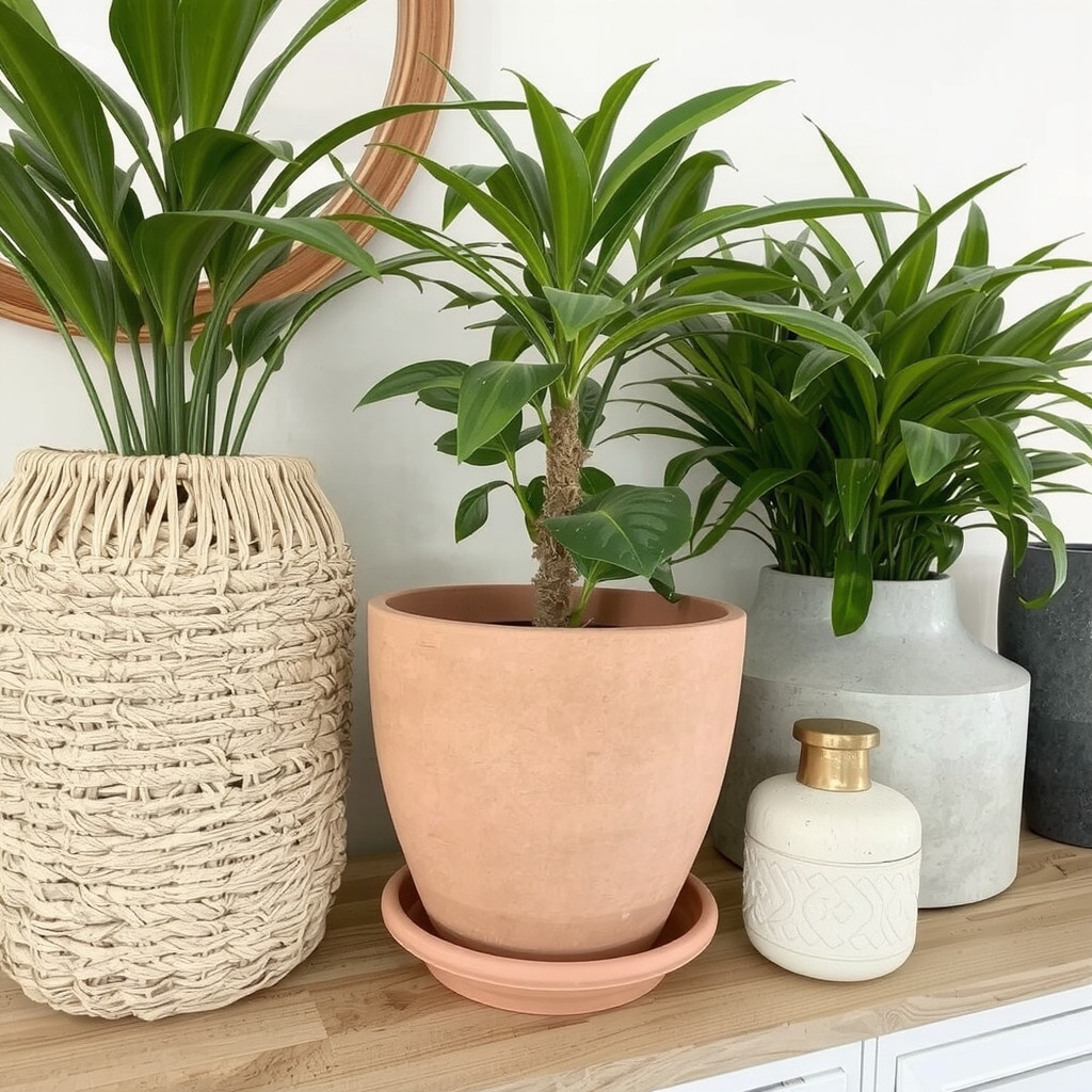 A close-up arrangement of textured planters including a woven seagrass basket and a matte clay pot on a wooden surface.