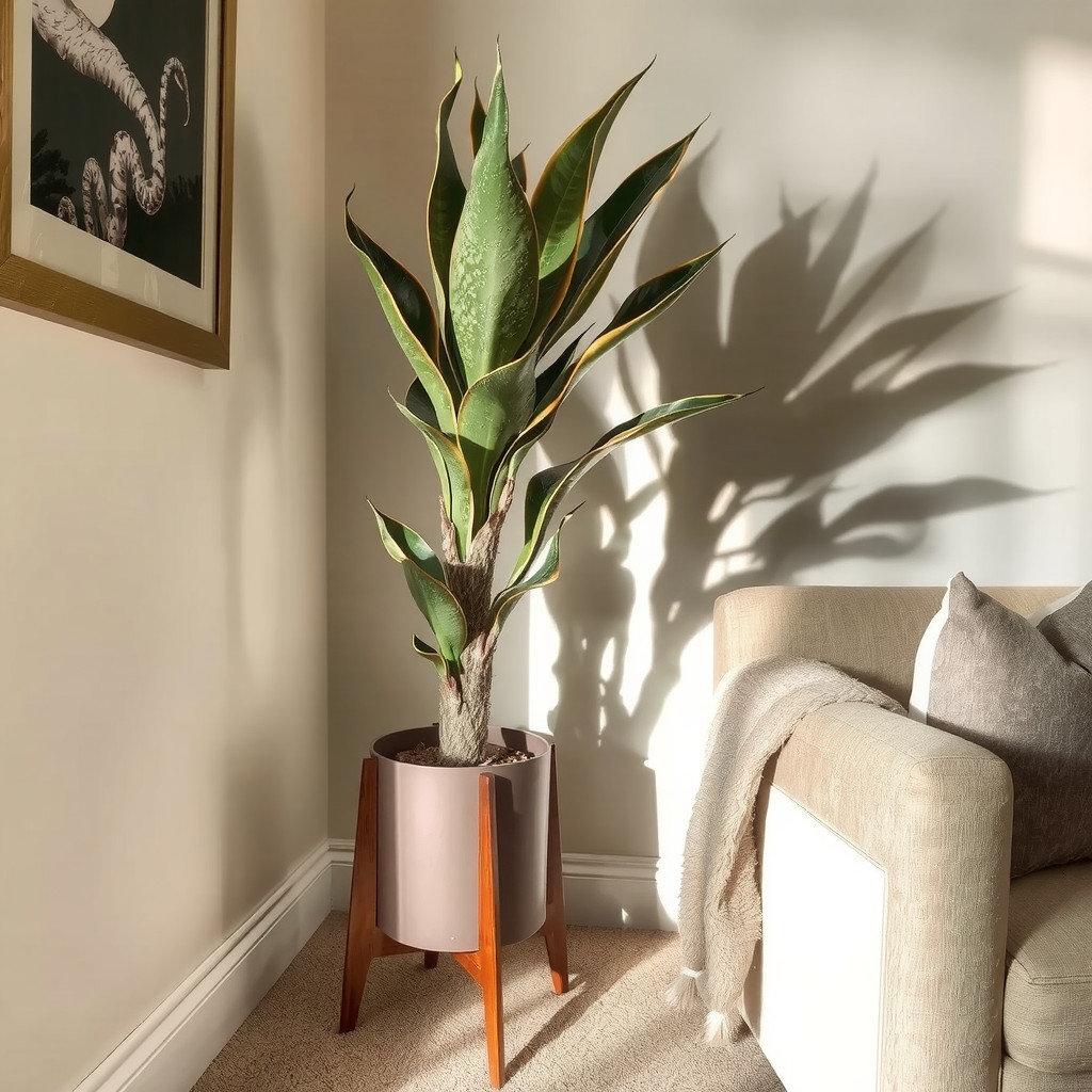 A stylish corner of a room featuring a large Snake Plant in a mid-century modern stand next to a velvet armchair.