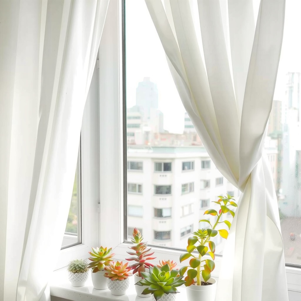 Sunlight filtering through sheer white curtains onto a windowsill lined with happy succulents and small potted plants.