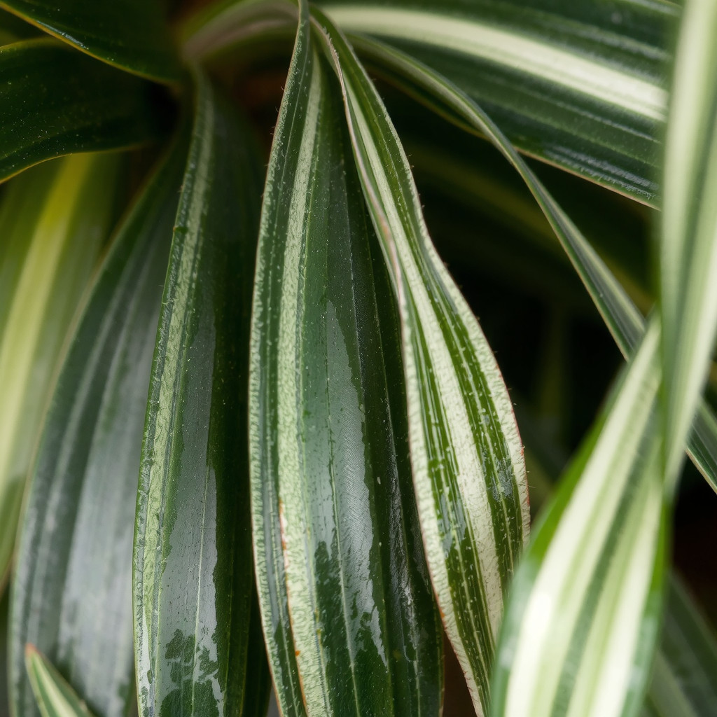 A detailed close-up showing the contrasting textures of dark rubber plant leaves against the variegated patterns of a spider plant.