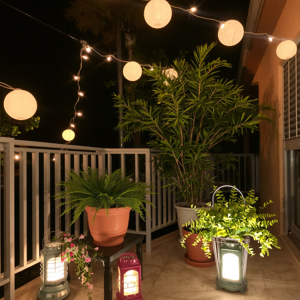String lights glowing on a patio at dusk
