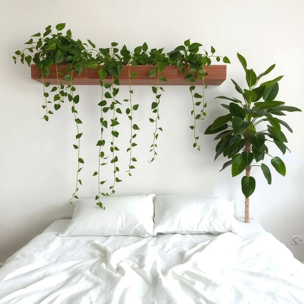 Bedroom layout with floating shelves and trailing vines