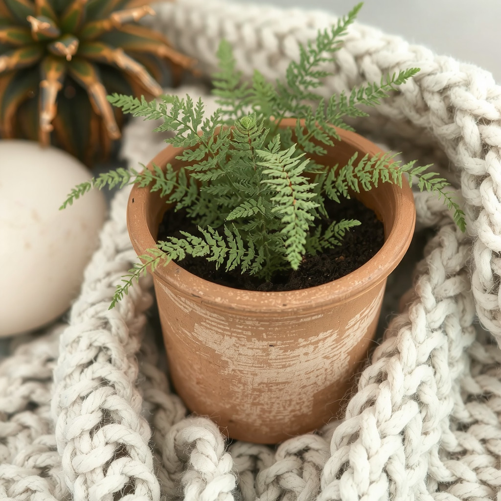Close up of terracotta pot on wool texture