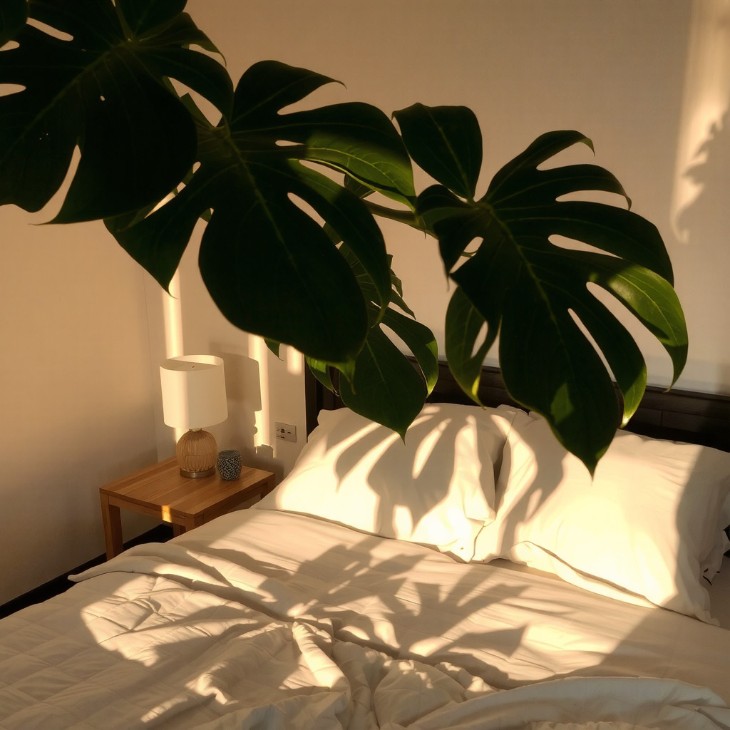Warm lamp light filtering through plant leaves
