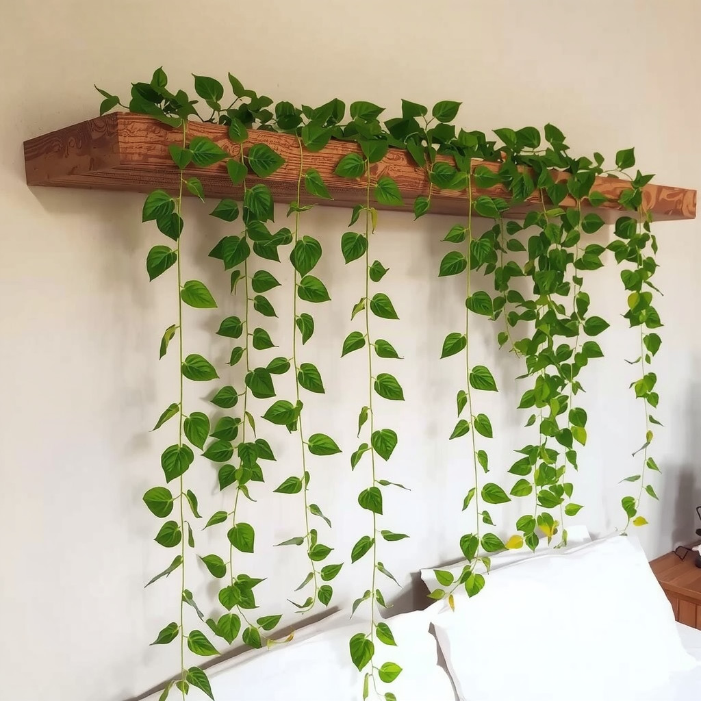 Golden pothos vines cascading down from a floating oak shelf above a headboard against a warm grey wall