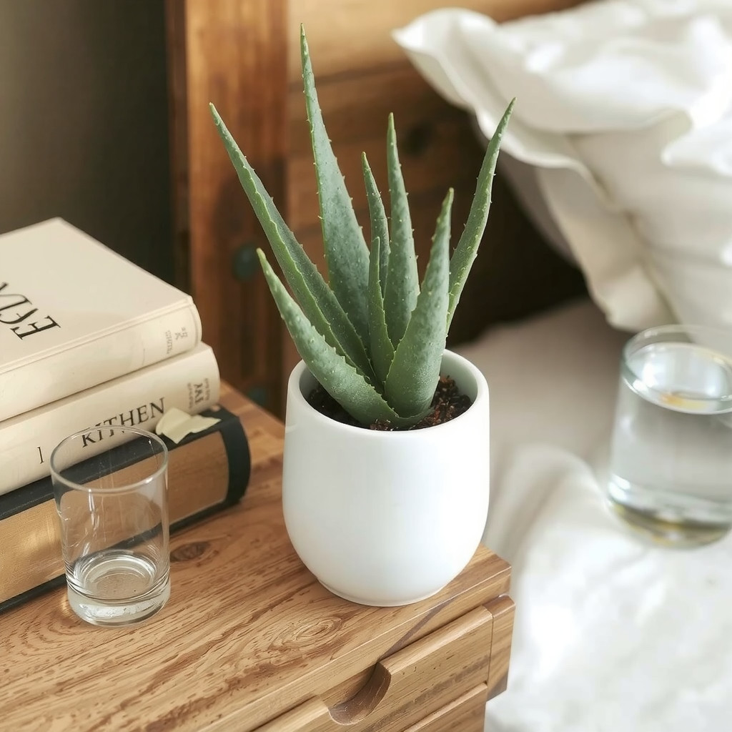 A wooden bedside table holding a small aloe vera plant in a matte white ceramic pot next to linen bedding