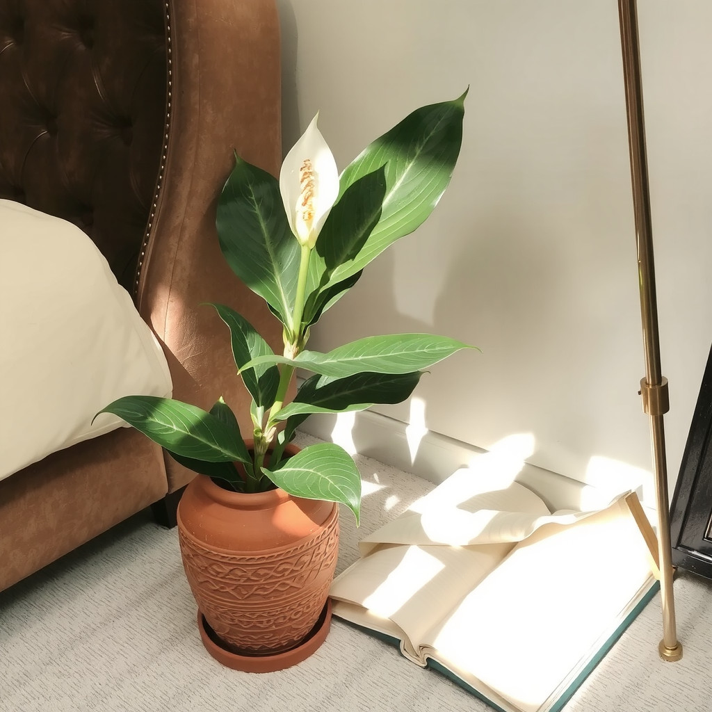 A cozy bedroom reading nook with a velvet armchair and a peace lily in a textured terracotta pot