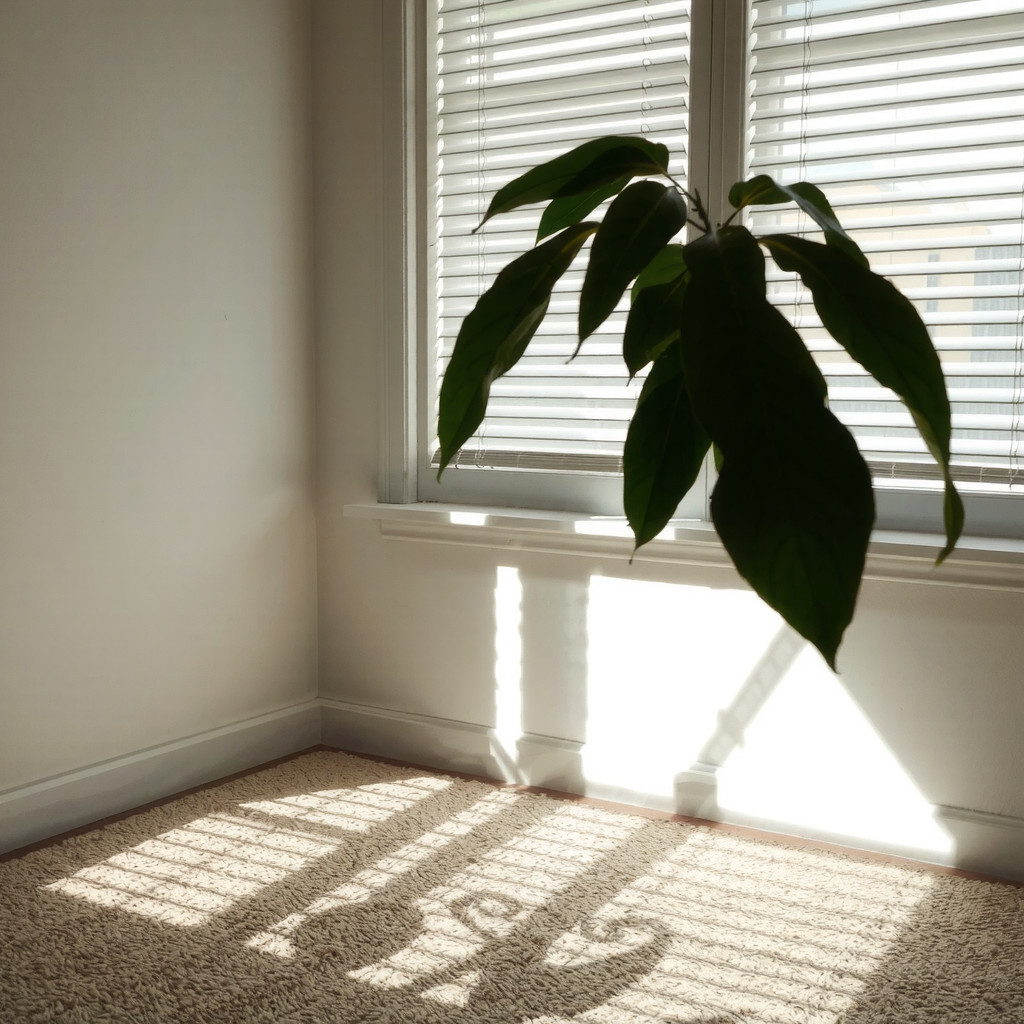 Atmospheric bedroom shot showing a rubber plant silhouetted against a window with slat blinds