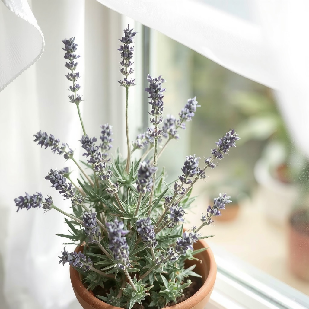 Close-up of a potted lavender plant sitting on a window sill with sheer white curtains